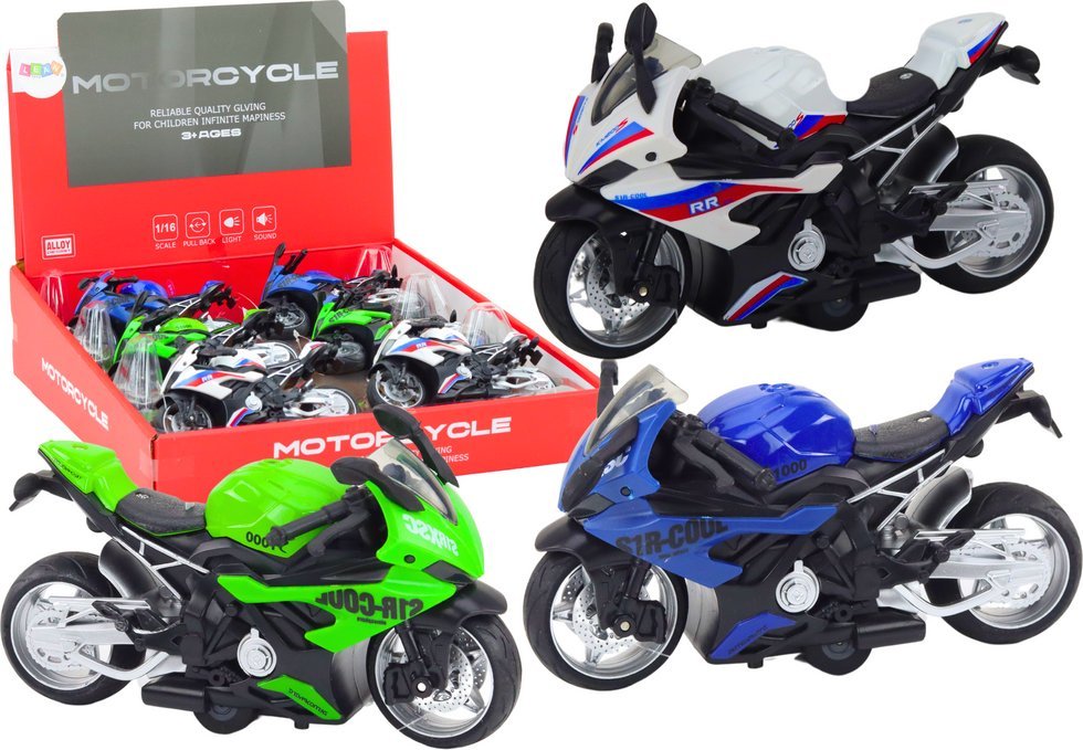 LeanToys Motocykl Sportowy z Napędem Frykcyjnym 3 Kolory Biały Zielony Niebieski