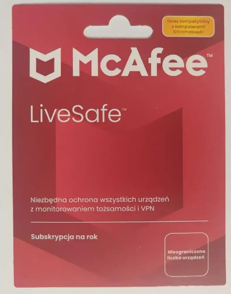 McAfee LiveSafe bez limitu stanowisk na 1 rok | Bezpieczne zakupy! Szybka wysyłka! oryginalne, zaplombowane pudełko!