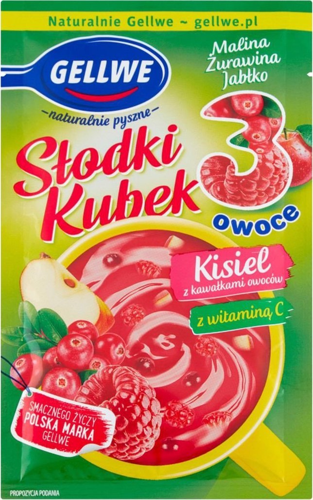 Gellwe Gellwe Słodki Kubek 3 owoce Kisiel z kawałkami owoców malina żurawina jabłko 30 g