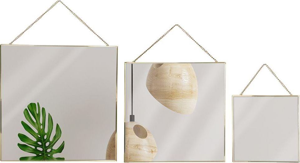 Vilde Kwadratowe lustro na łańcuszku w złotej metalowej ramie, złote, zestaw, komplet luster, 3 sztuki