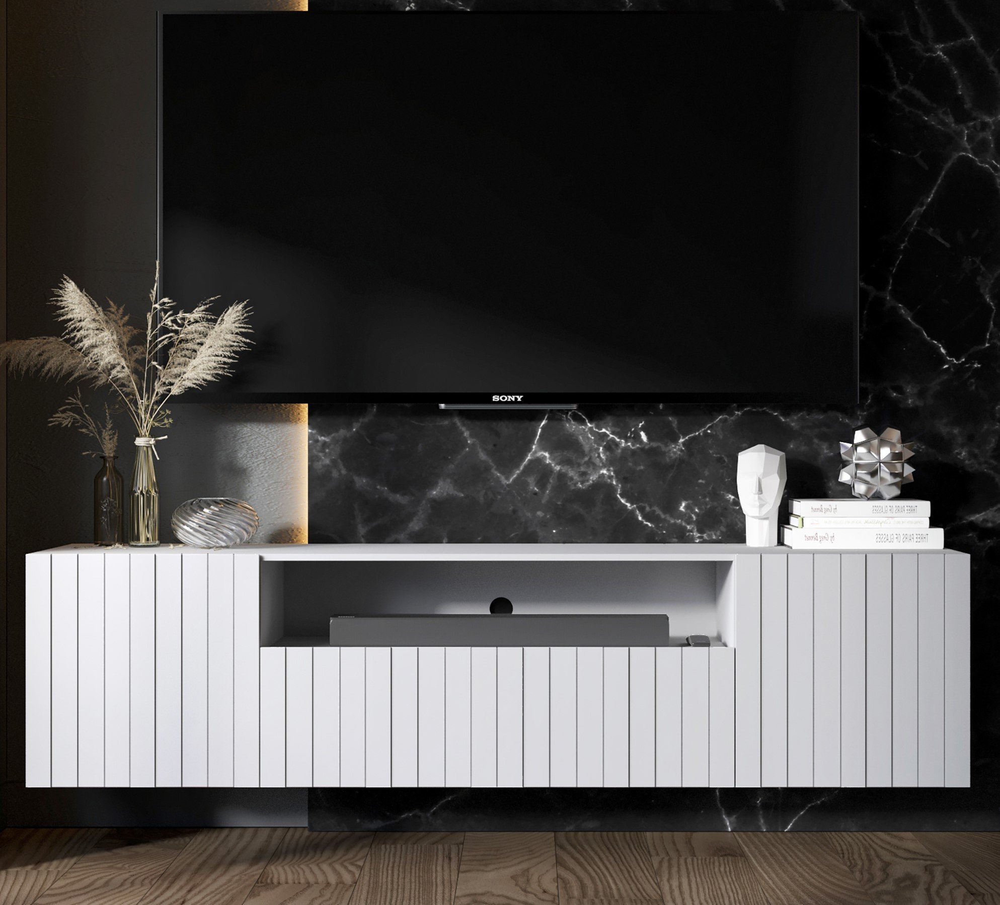 Meble Lindner Meble Lindner Wisząca Szafka RTV Elpis 2 Glamour Biały MAT 150cm