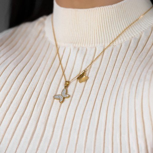 OTIEN Naszyjnik złoty z motylkami cyrkonie stal chirurgiczna