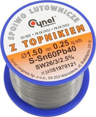 Cynel Cyna lutownicza spoiwo lutownicze topnikiem 1,5mm 250g SN60PB40 SN60PB40