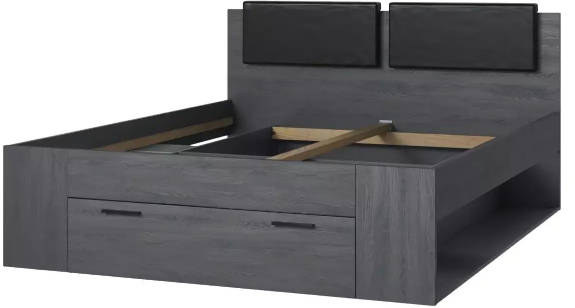 Łóżko GALAXY 160x200 dąb carbon z szufladą i tapicerowanym zagłowiem HELVETIA