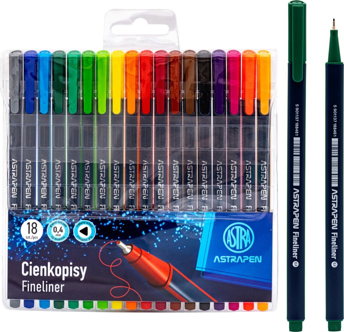 Astra Cienkopisy trójkątne kolorowe fineliner do rysowania 0,4mm 18szt ASTRA