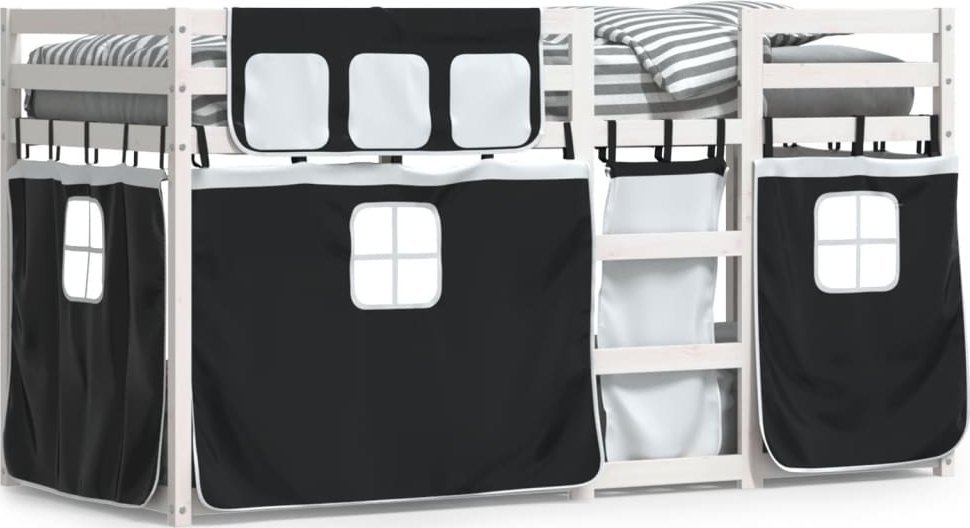 vidaXL vidaXL Łóżko piętrowe z zasłonkami, biało-czarne, 75x190 cm, sosnowe