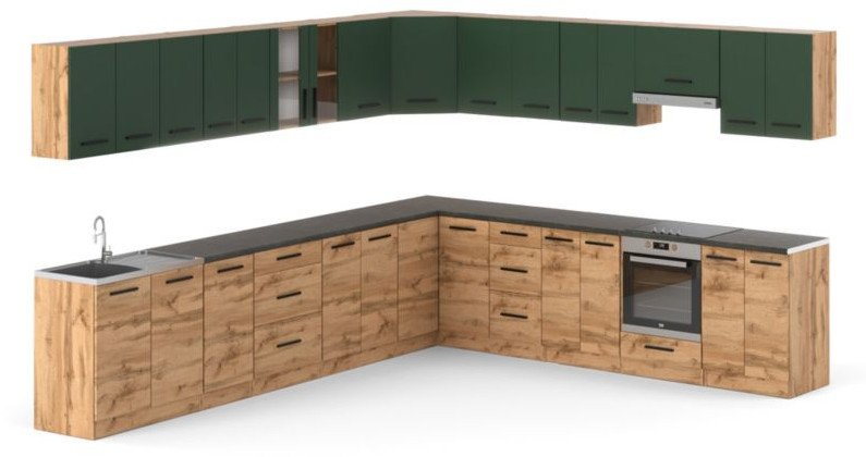 Kuchnia Rossa Narożna Modułowa 6.8m Duża Wotan Butelkowa Zieleń Dąb Wotan