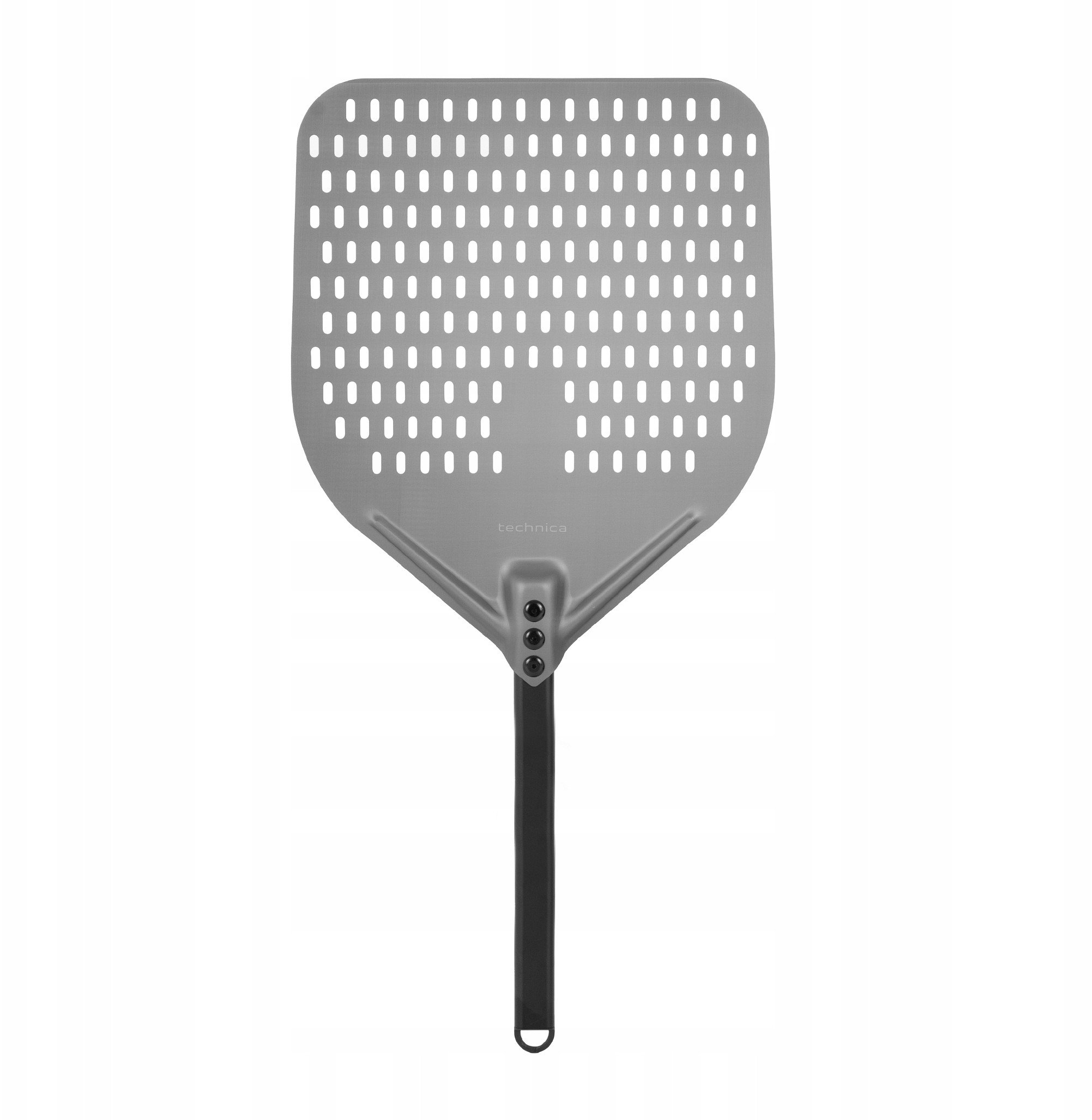 Czarna, perforowana łopata do pizzy z anodowanego aluminium z aluminiowym uchwytem, kwadratowa, 355x405x710 mm | TECHNICA, Pizza Line