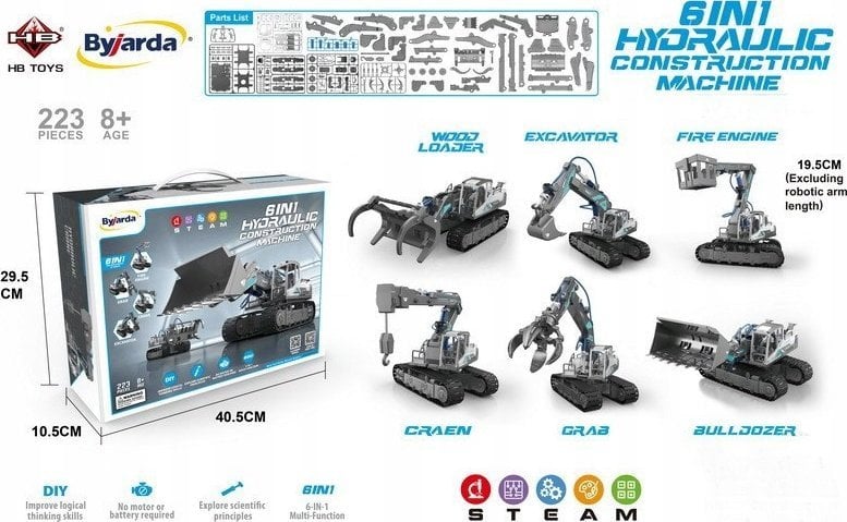 Triton Zestaw Maszyn Budowlanych do Składania 6w1 dla dzieci 8+ Hydrauliczne zasilanie + Części konstrukcyjne 223el.