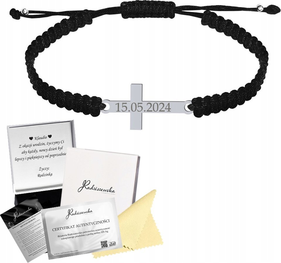 Radziszewska Jewellery Bransoletka Srebrna z Krzyżem Makrama Prezent Biżuteria 925 GRAWER GRATIS