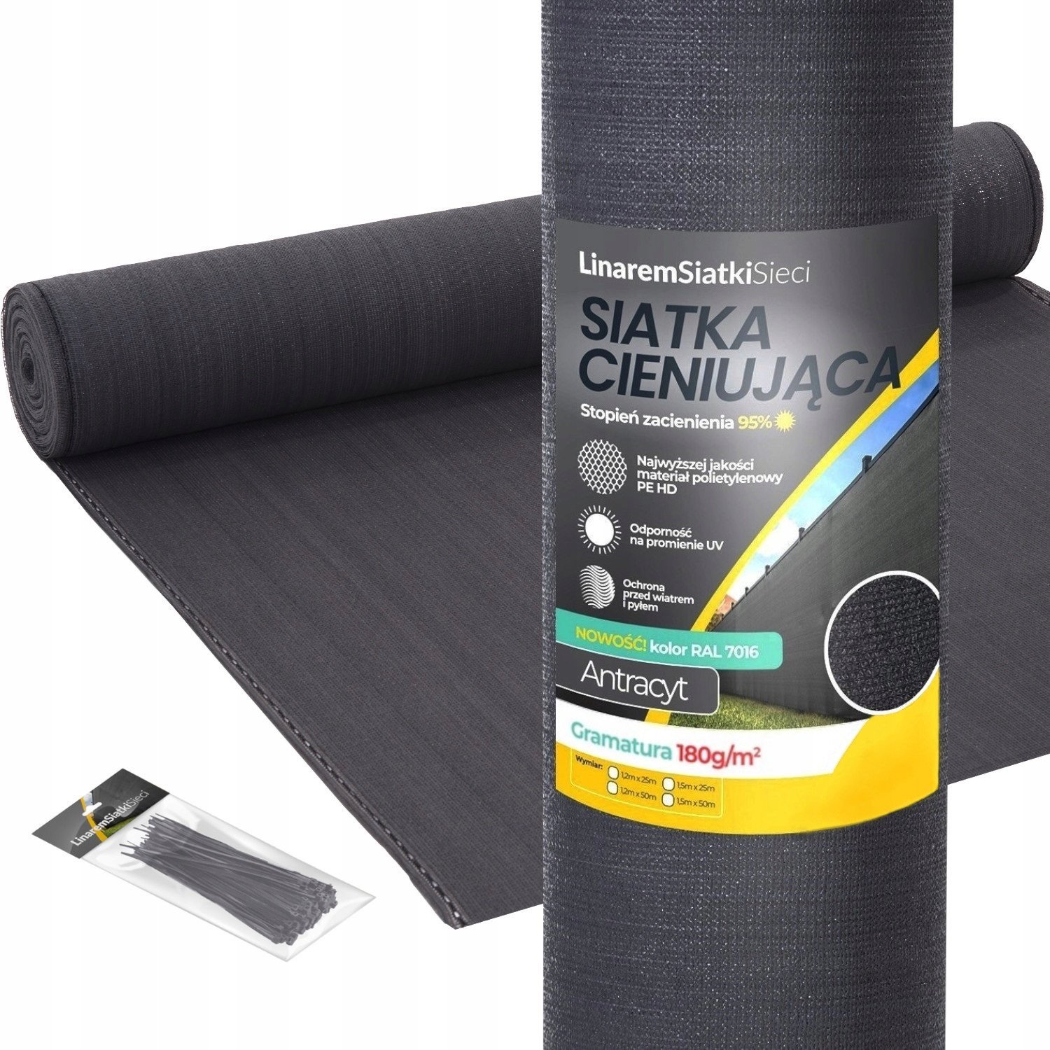 SIATKA CIENIUJĄCA 95% MASKUJĄCA 1x50m OSŁONA NA PŁOT OGRODZENIE ANTRACYT +UV