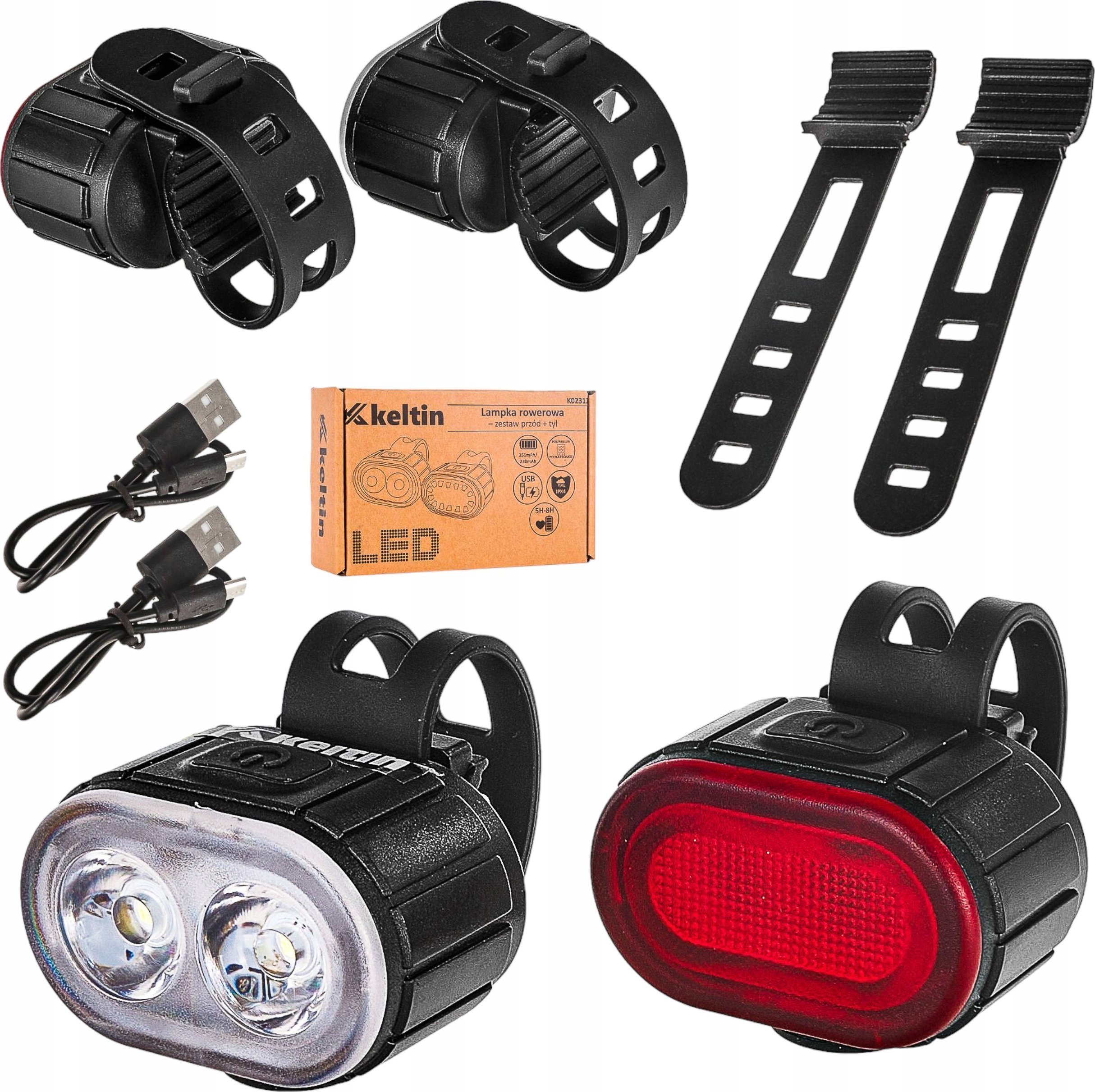 KELTIN Wodoodporna lampka rowerowa USB IPX4 – zestaw przód + tył (120)