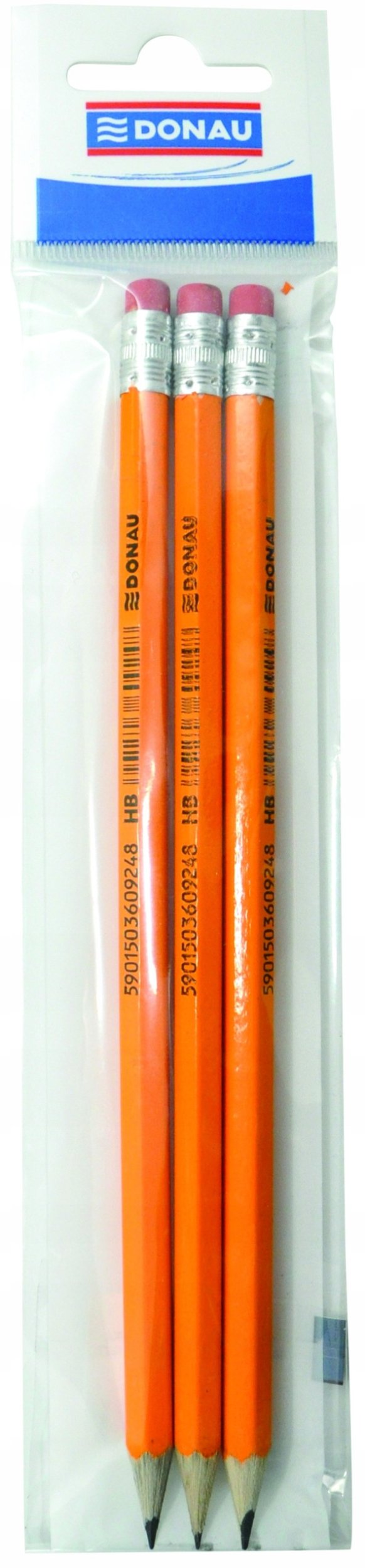 Ołówek drewniany z gumką DONAU, HB, lakierowany, 3 szt., zawieszka, żółty