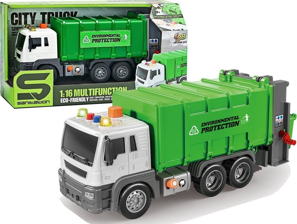 LeanToys Śmieciarka Napęd Frykcyjnym Efekty Dźwiękowe Zielona 1:16 Segregowanie