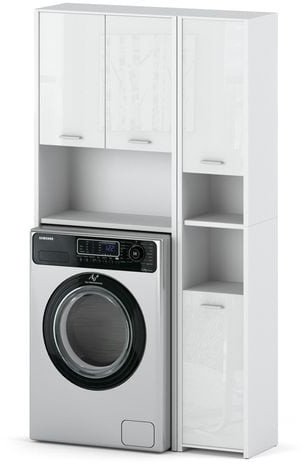 Zestaw Łazienkowy Pojemna Szafka Stojąca Nad Pralkę Słupek Biały Połysk