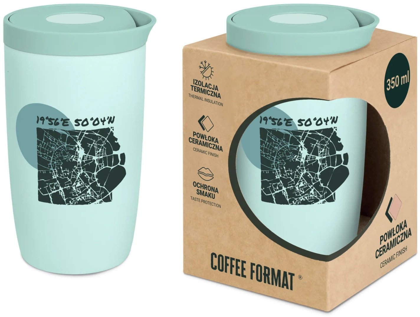 Coffee Format Kubek termiczny 350 ml - Miętowy z motywem mapy