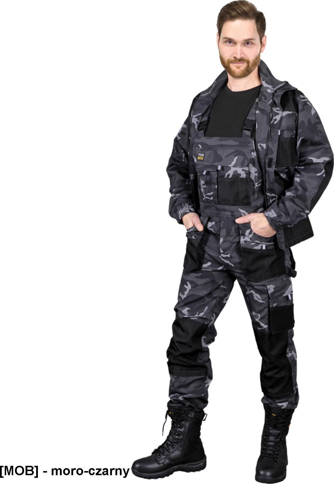 R.E.I.S. FORECO-B - spodnie ochronne ogrodniczki, poliester-bawełna 260 g/m2, 8 kieszeni - szaro-czarno-jasnoszary 50