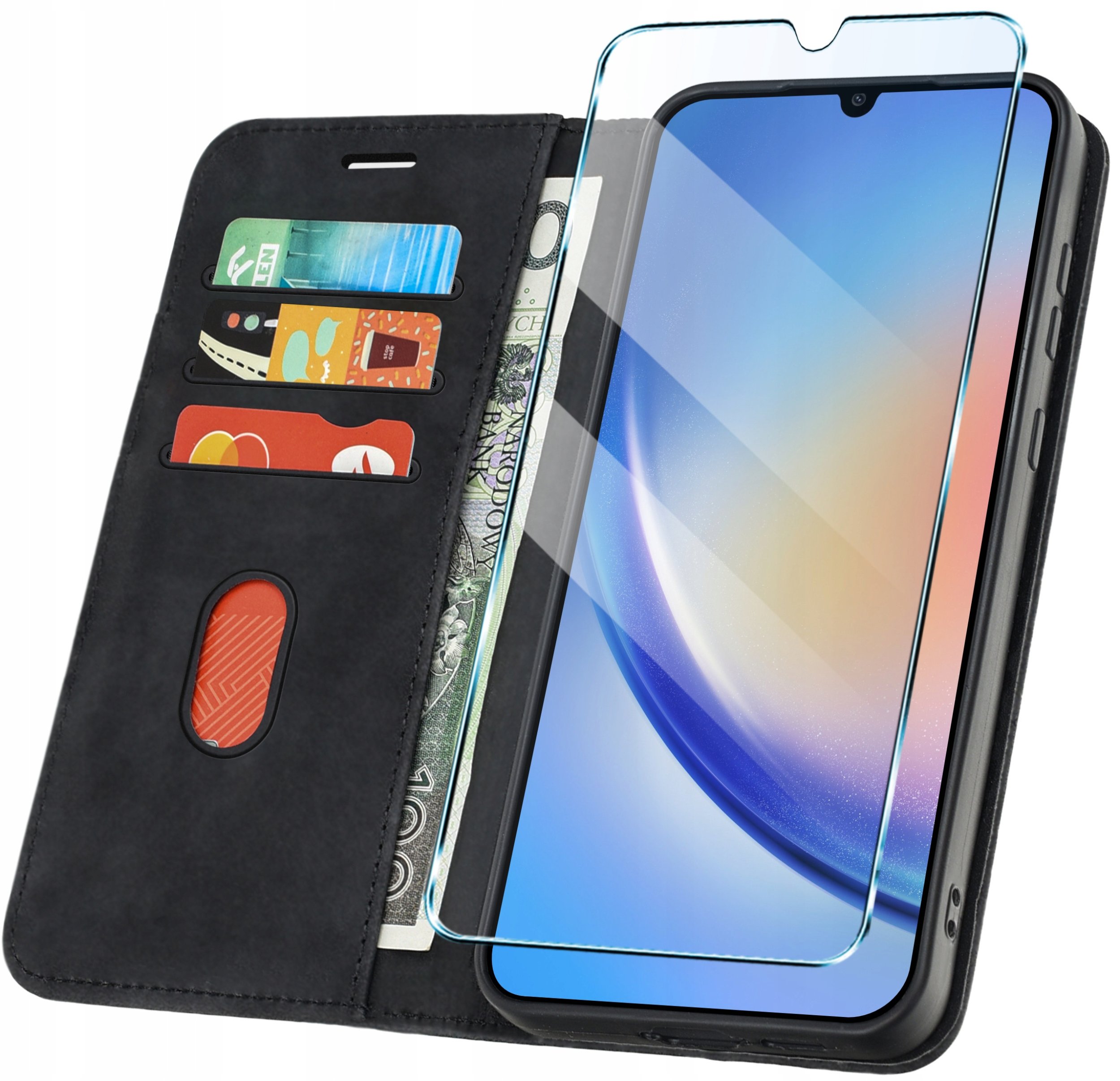 ETUI Z KLAPKĄ do Samsung A34 5G Zamykane, Magnetyczne Kabura + Szkło