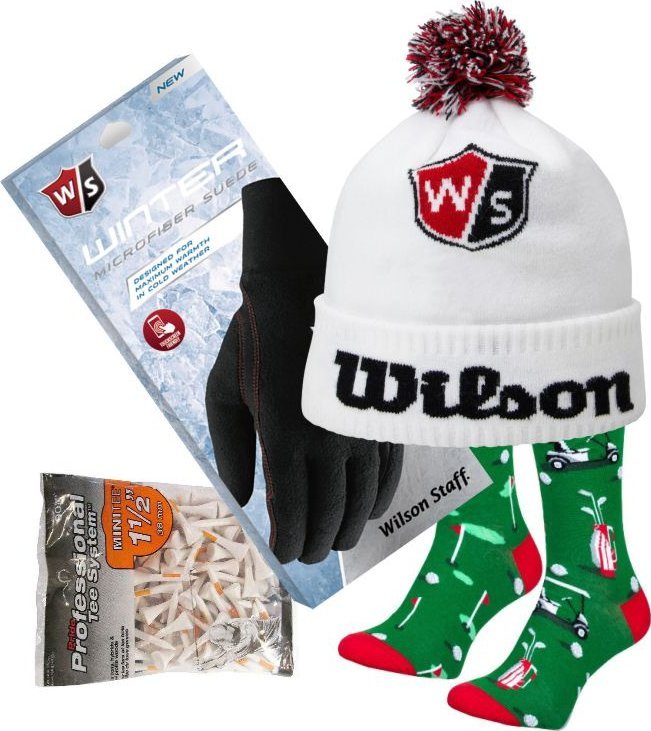 Zestaw prezentowy dla Golfisty, Wilson 03, czapka zimowa, skarpety, para rękawic i kołki tee