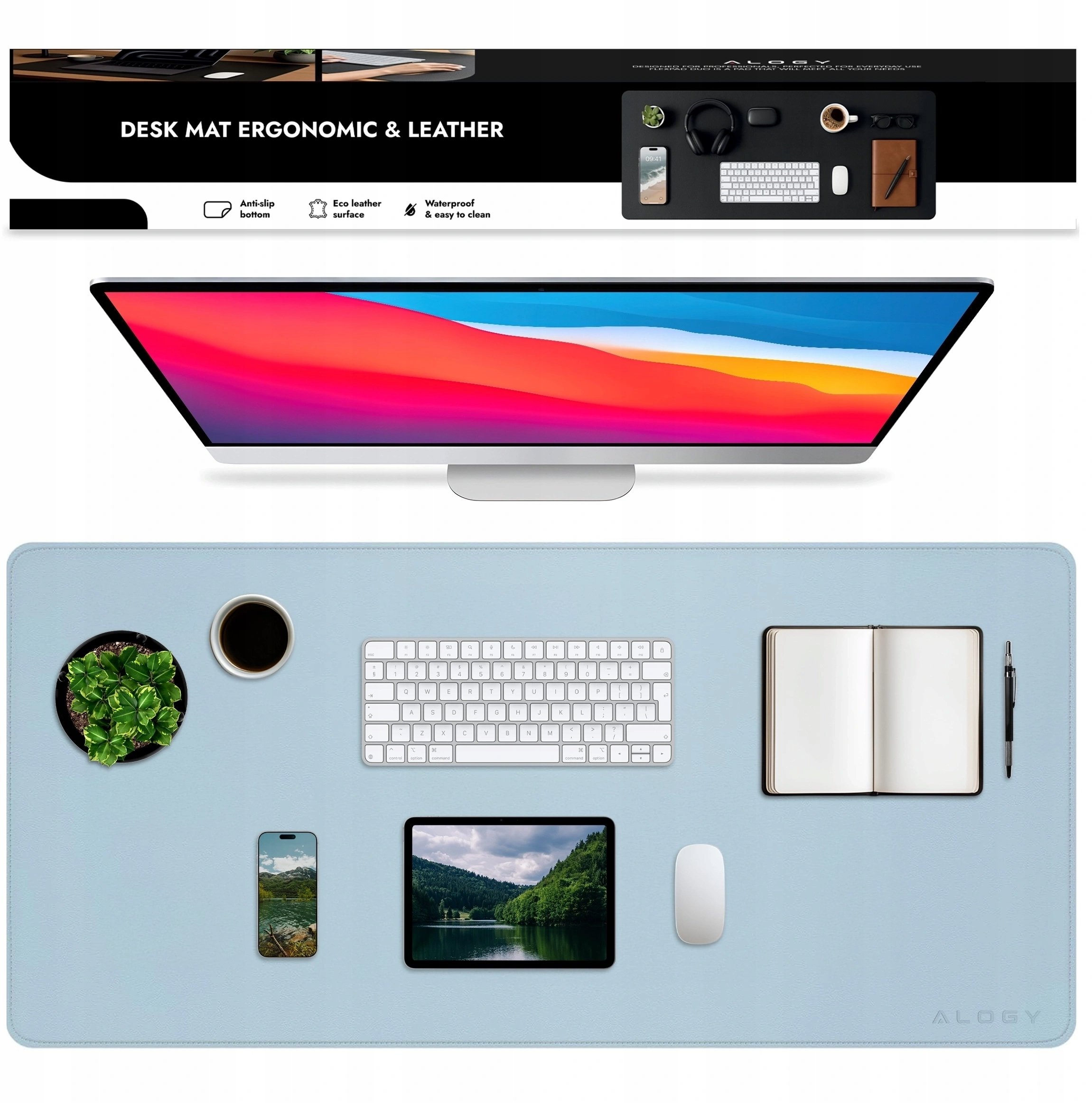 Alogy Podkładka na biurko 10050 cm - antypoślizgowa mata ochronna pod mysz i klawiaturę, stylowa i trwała