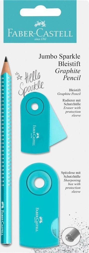 Faber-Castell Zestaw z ołówkiem grafitowym Jumbo Sparkle Faber-Castell w kolorze perłowym turkusowym z gumką Sleeve i temperówką Sleeve