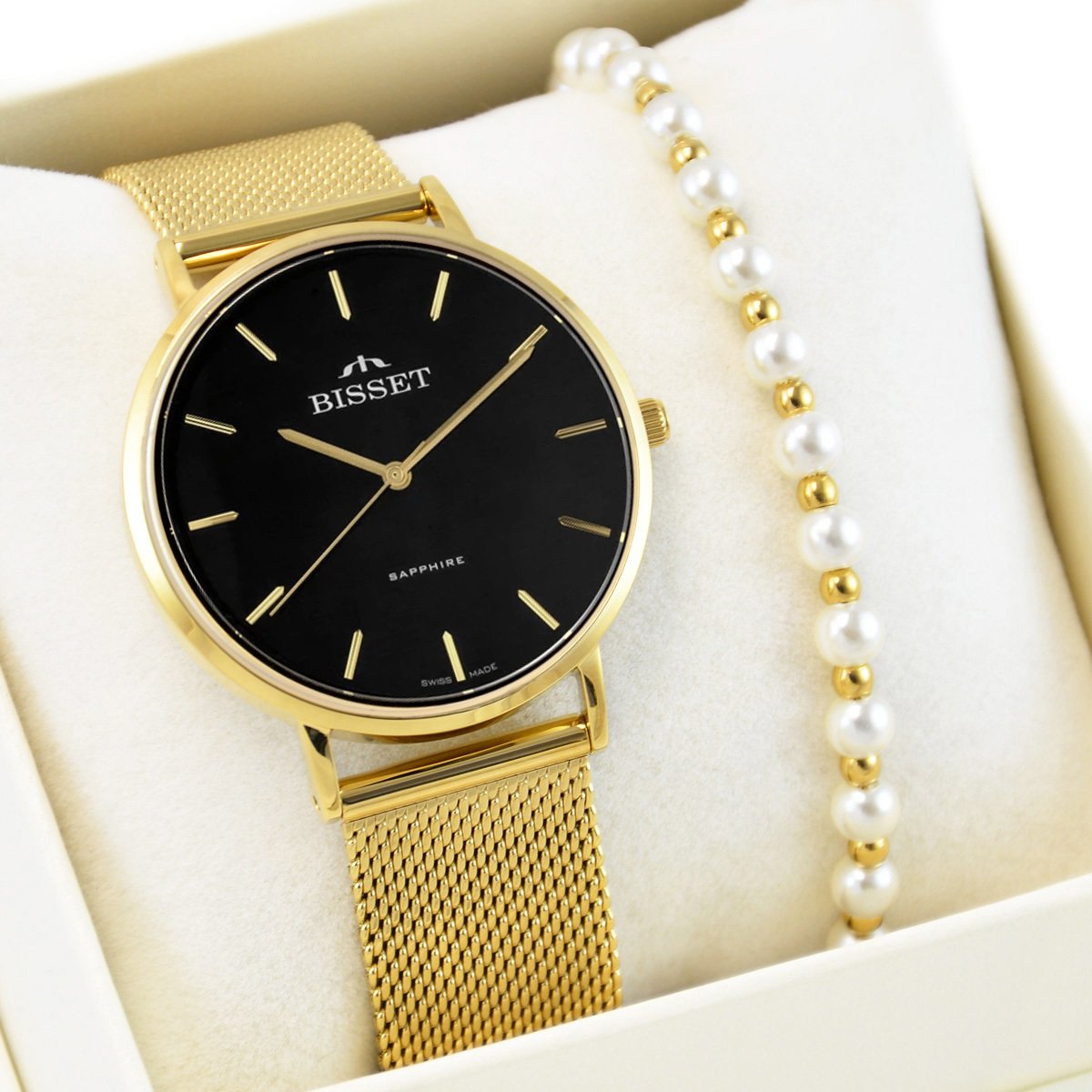 Zegarek Bisset Zestaw damski zegarek szwajcarski ARITTE czarny + bransoletka