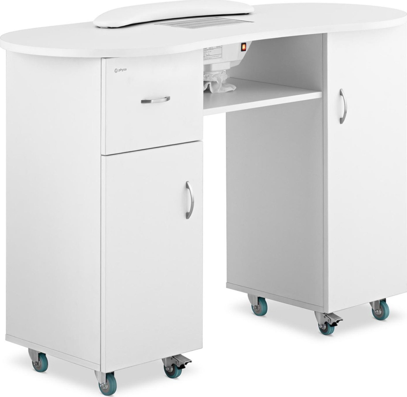Physa Biurko stolik do manicure kosmetyczny z pochłaniaczem pyłu i szafkami na kółkach 120x50x80 cm biały Biurko stolik do manicure kosmetyczny z poch