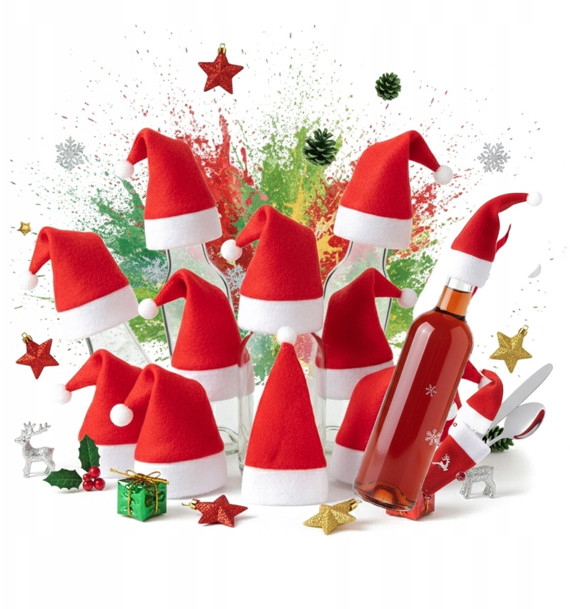 10x Czapeczki na święta czapki MIKOŁAJA na butelkę nalewki sztućce