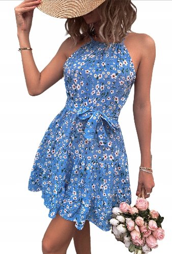 Piękna damska sukienka mini modna w kwiaty niebieska blue wiązana XL