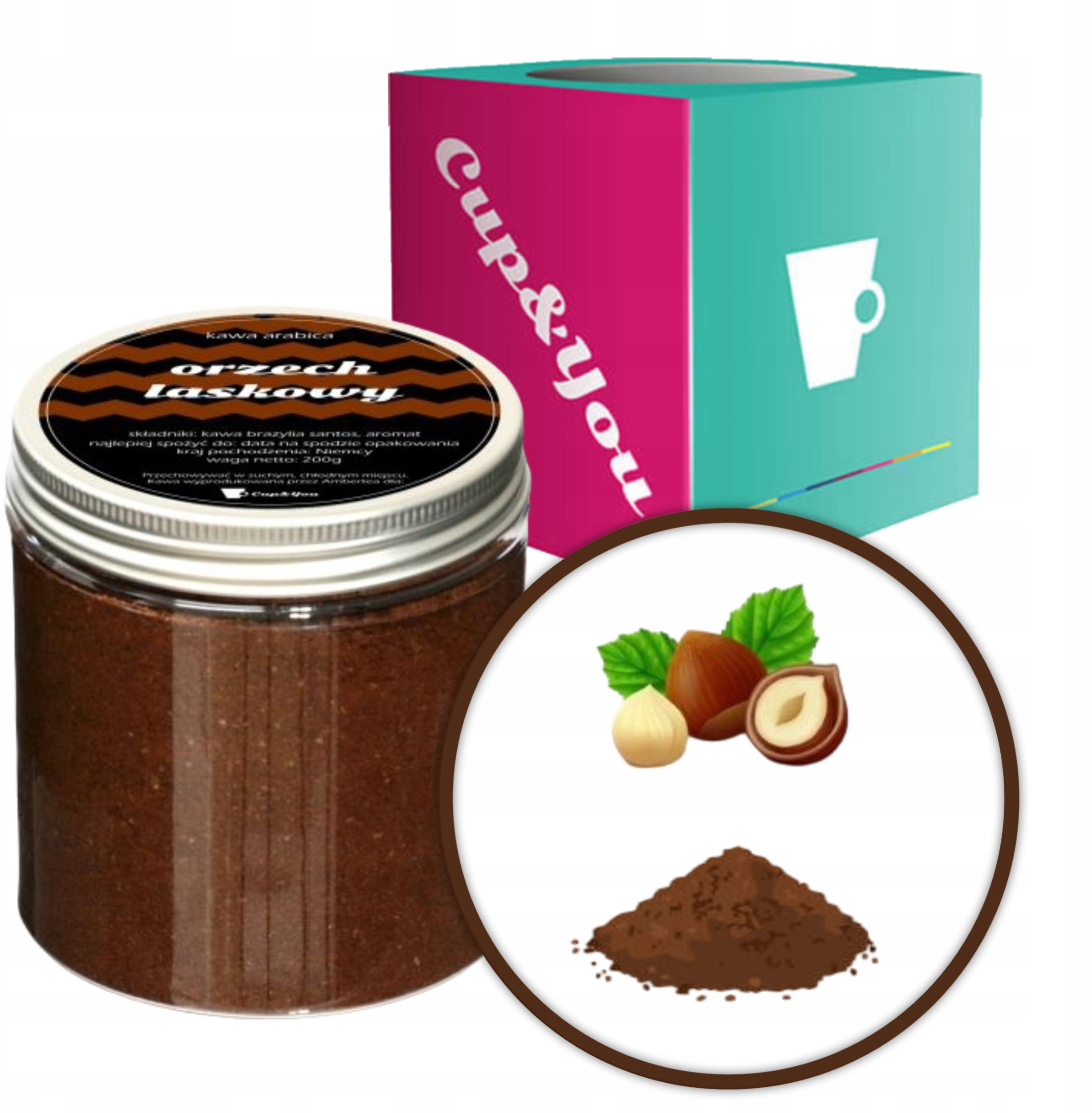 Kawa aromatyzowana o smaku ORZECH LASKOWY mielona ARABICA Cup&You 200g na prezent upominek dla kobiety mężczyzny faceta mamy taty żony męża
