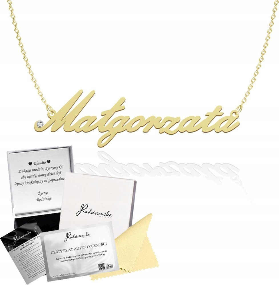 Radziszewska Jewellery Złoty Naszyjnik z imieniem Małgorzata SREBRO 925 Prezent DEDYKACJA GRATIS