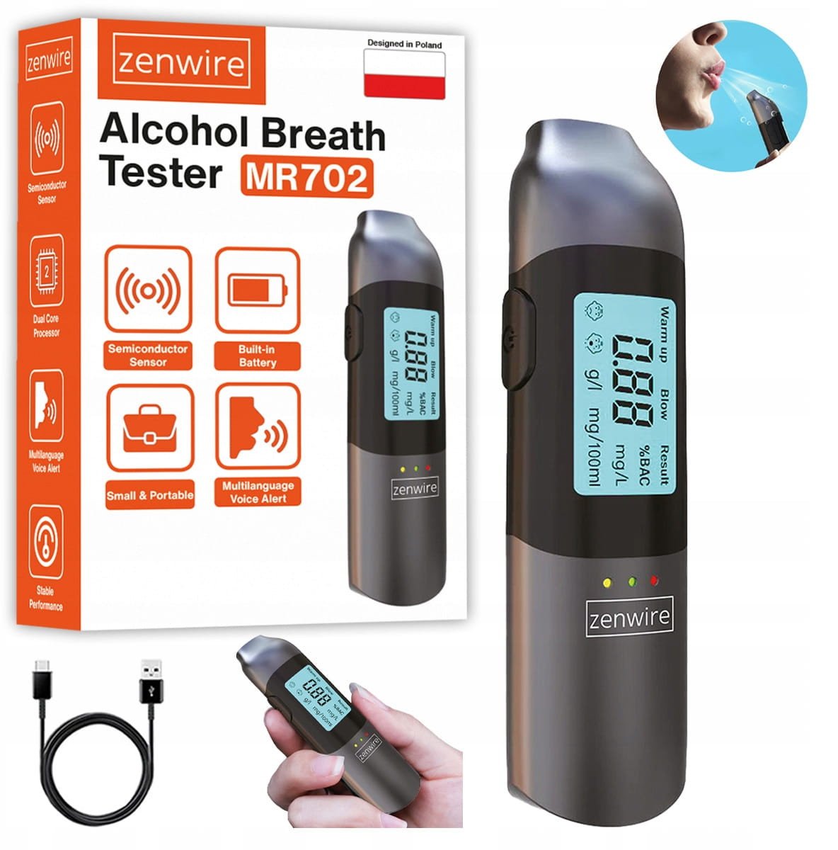 Alkomat Policyjny Bezustnikowy Profesjonalny Bez Ustnika Akumulator USB-C
