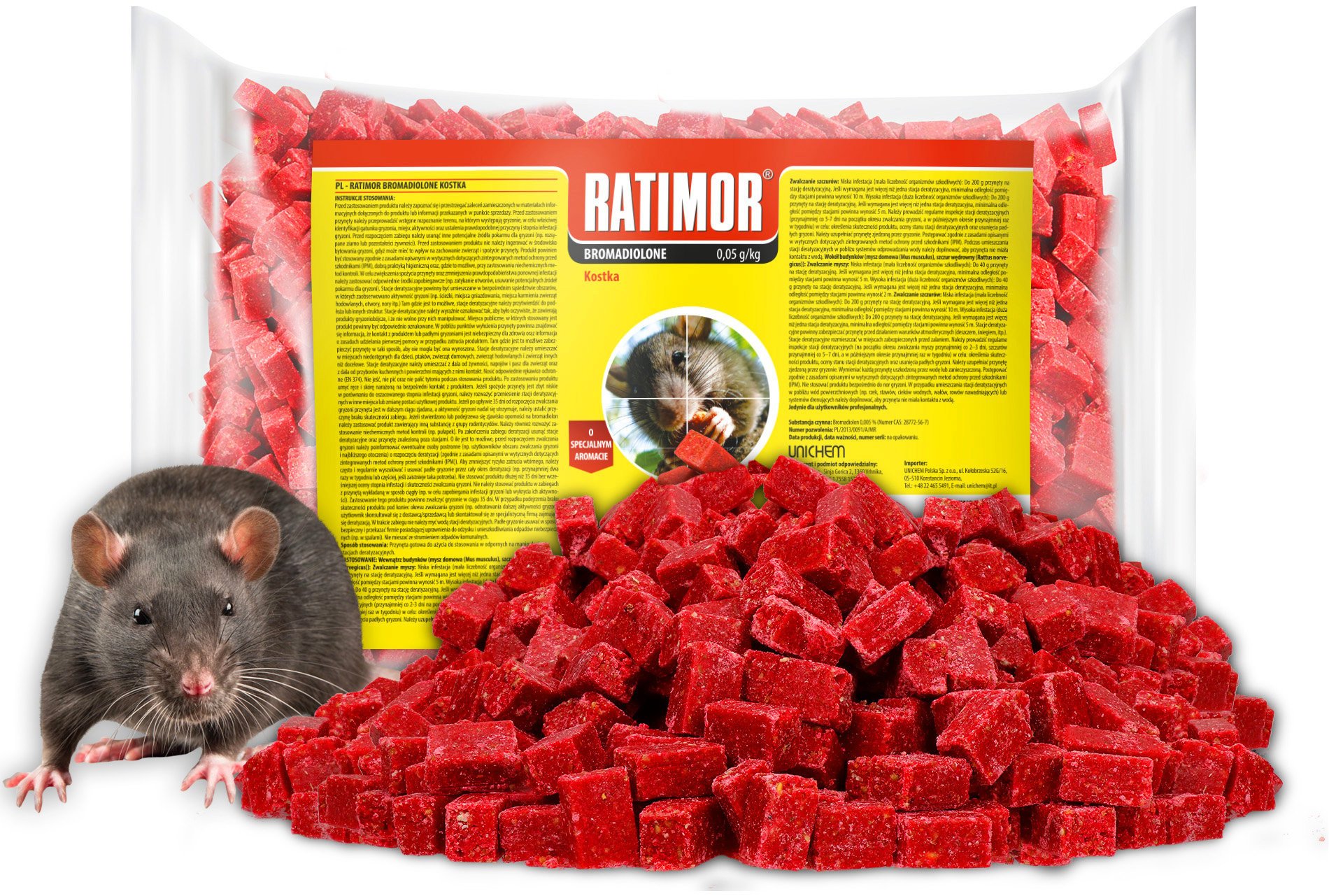 Trutka na Myszy i Szczury Mała Czerwona Kostka Bromadiolone 1,5kg Ratimor Trucizna Środek Gryzoniobójczy Przeciw Myszom Szczurom Gryzoniom
