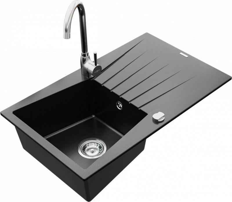 Zlewozmywak Mexen Cesar granitowy 1-komorowy z ociekaczem i baterią kuchenną Telma, czarny - 6514-77-670200-00