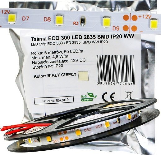 Mojeledy Taśma 300 LED 2835SMD 24W ciepła 12V IP20 ECO 5m