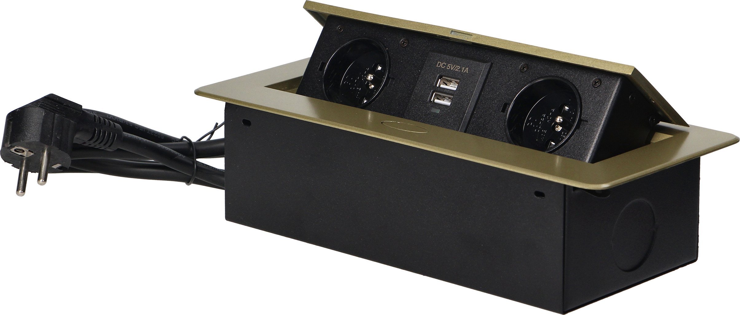 Orno Gniazda meblowe wpuszczane w blat z płaskim frezowanym rantem, ładowarką USB i przewodem 1,5m, 2x2P+Z, 2xUSB, kolor mosiądzu