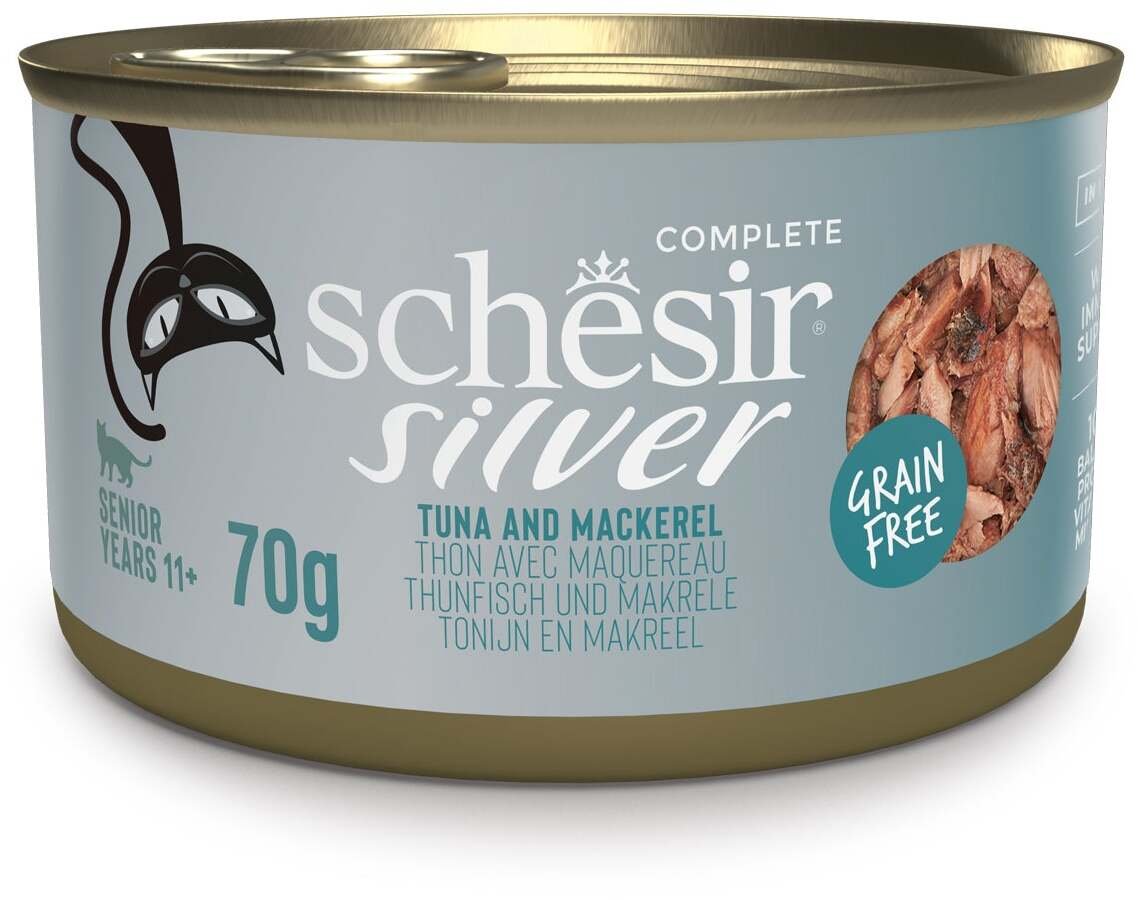 Schesir Silver, mokra karma dla kota, tuńczyk z makrelą, 70 g puszka