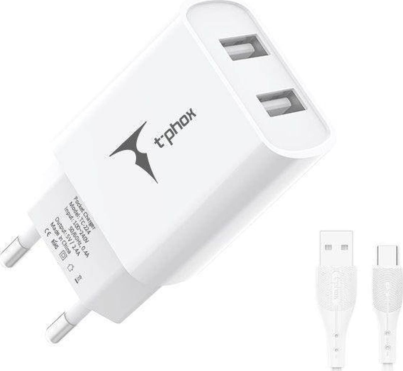 Ładowarka T-Phox ŁAD SIEC POCKET SERIES 2xUSB TCC-224 2.4A 12W + KABEL USB-C 1M WHITE