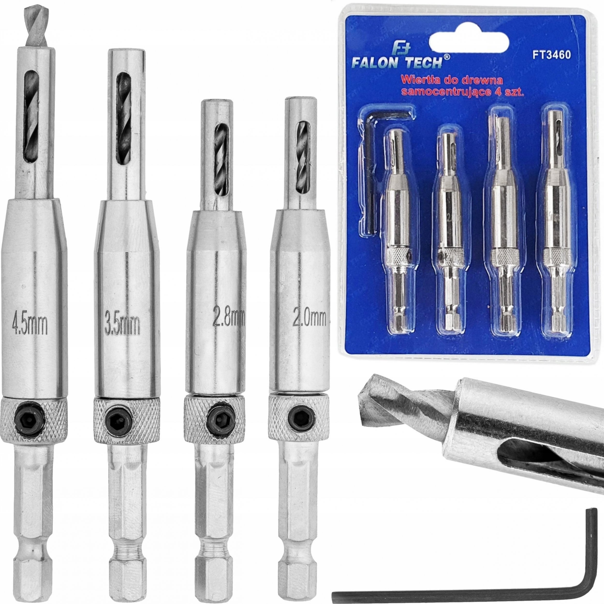 Wiertło Falon-Tech WIERTŁA SAMOCENTRUJĄCE DO ZAWIASÓW DREWNA MEBLI OTWORÓW FREZY HSS 4szt
