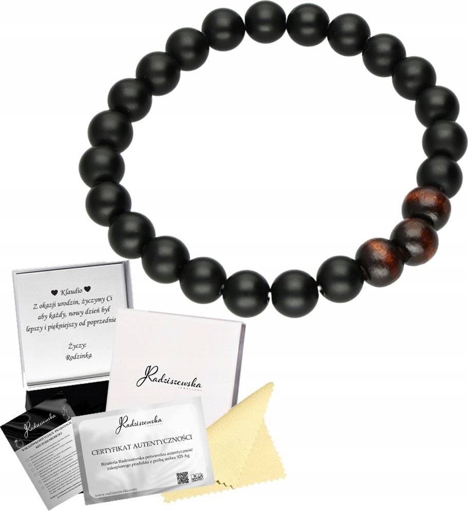 Radziszewska Jewellery Bransoletka Męska z Kamieni Naturalnych Onyks Drewno Dzień Chłopaka Prezent