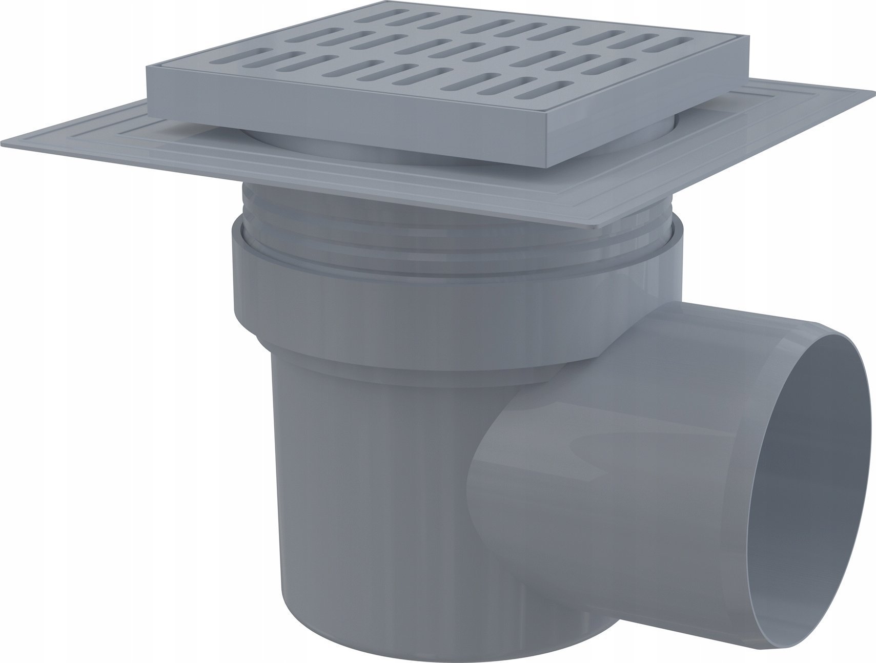 Kratka ściekowa 150×150/110 mm odpływ boczny, kratka szara, dwa poziomy izolacji, syfon mokry