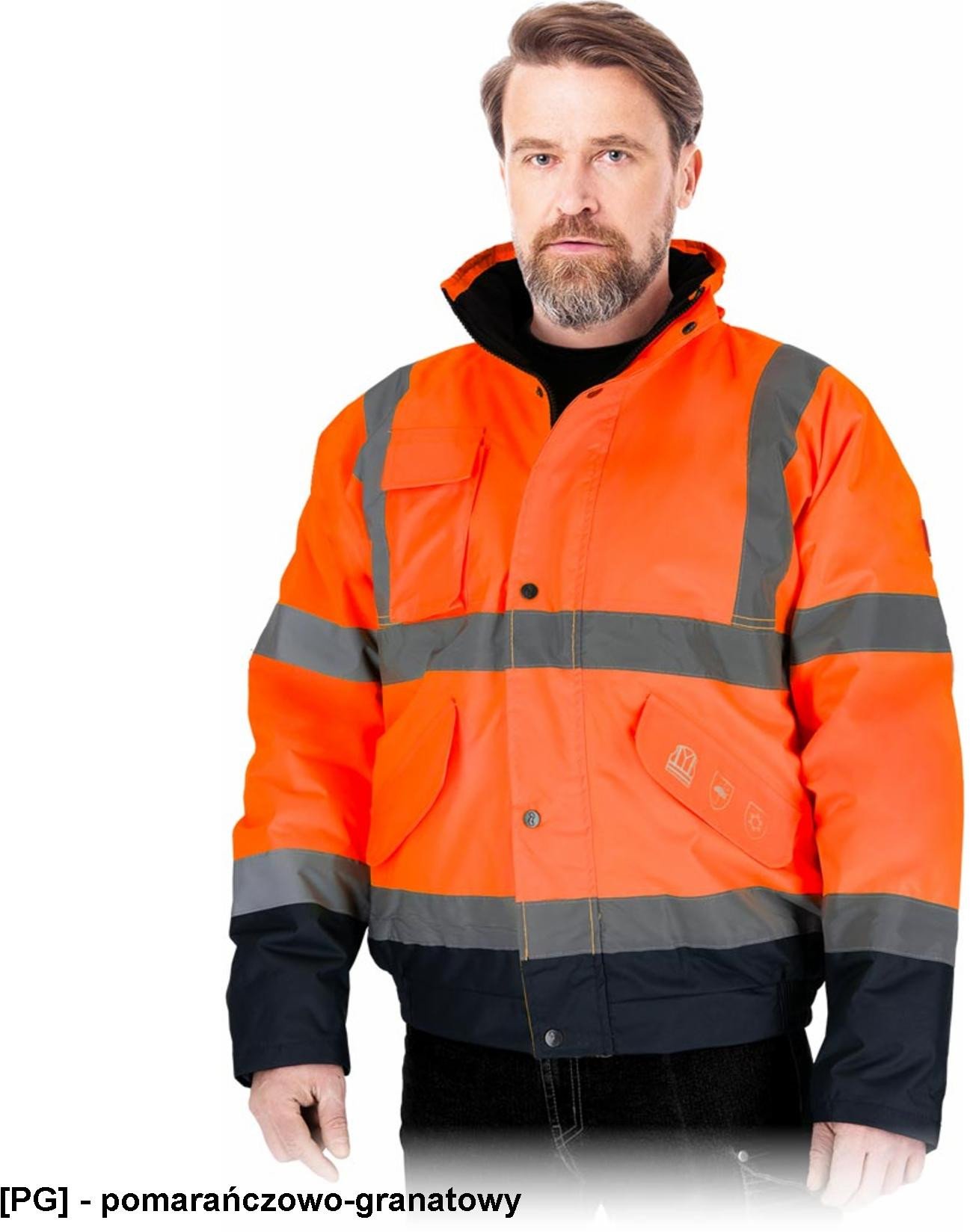 BLUE-BOMB - kurtka ochronna ocieplana pikowana podszewka kaptur chowany kieszeń na telefon pasy odblaskowe 100% - pomarańczowo-granatowy XL
