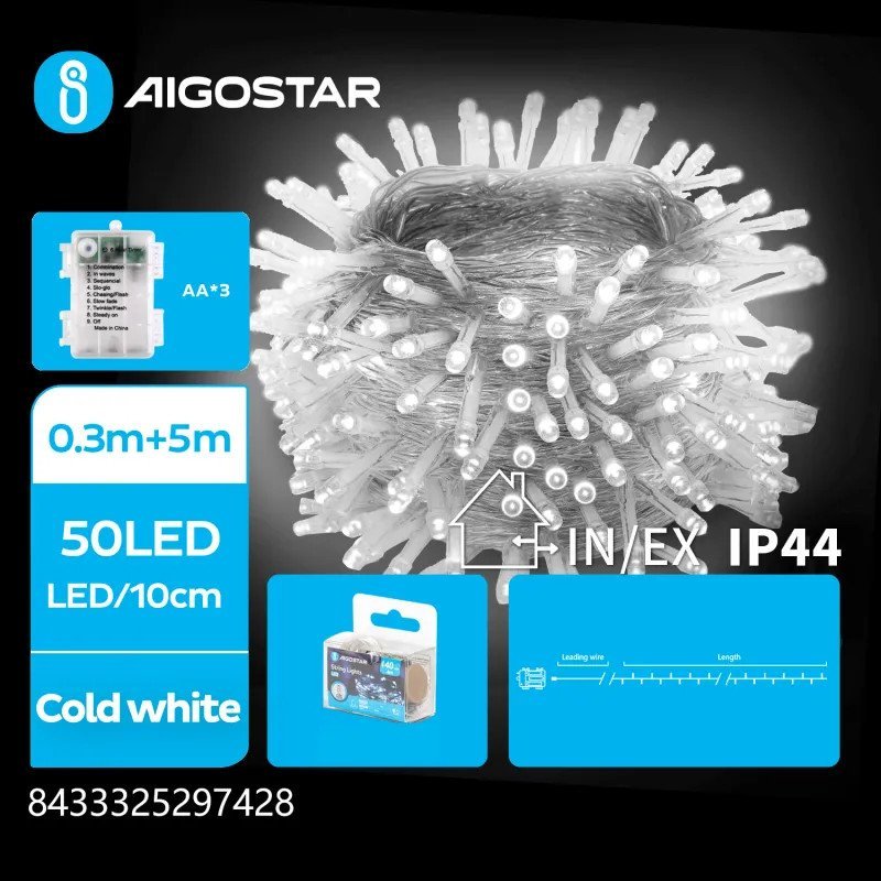 Lampki choinkowe Aigostar Lampki led na baterie 3AA, Zimna biel, 5m Akumulatorowe Płaska taśma świetlna 3AA, Zimna biel, 5m