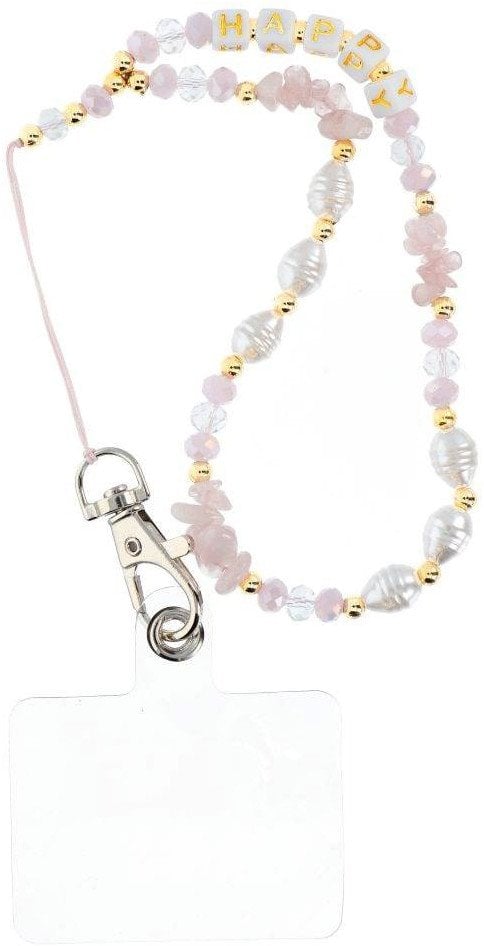 Smycz do telefonu, Zawieszka do telefonu - HAPPY / długość sznura 44cm (22cm w pętli) / na rękę - różowy