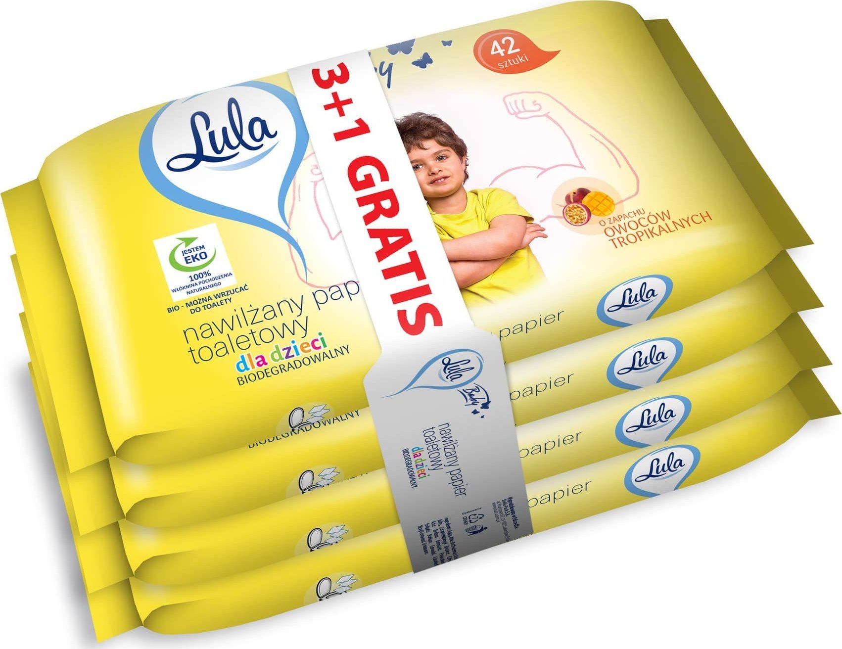 Stella LULA Papier toaletowy nawilżany dla dzieci - owoce tropikalne 42 szt. - 3 op. +1 op. Gratis