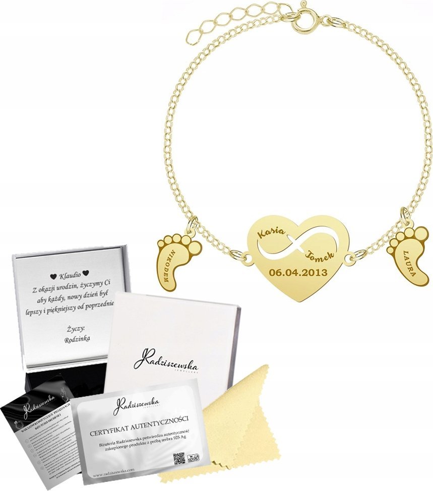 MEJK Jewellery Bransoletka Złota SERCE STÓPKI Imię Dziecka Dzień Matki SREBRO 925 GRAWER
