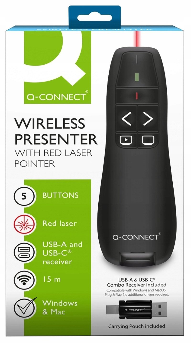 Prezenter ze wskaźnikiem laserowym Q-CONNECT, 5‑przyciskowy, czarny