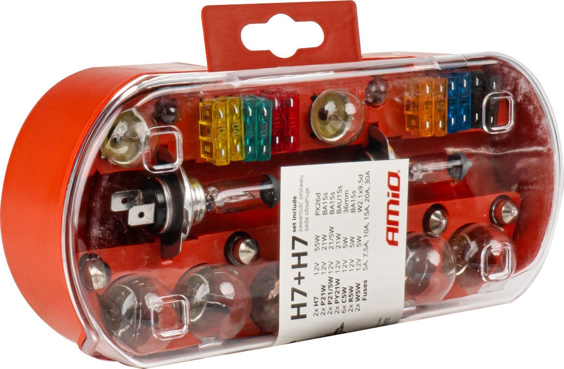 AMiO Zestaw zasobnik komplet żarówek zapasowych bezpieczniki 30 szt. h7 + h7 amio-03959