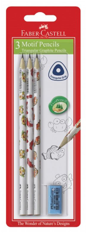 Faber-Castell Ołówki trójkątne motyw stworzenia morskie 3szt. + gumka blister (118379 FC)