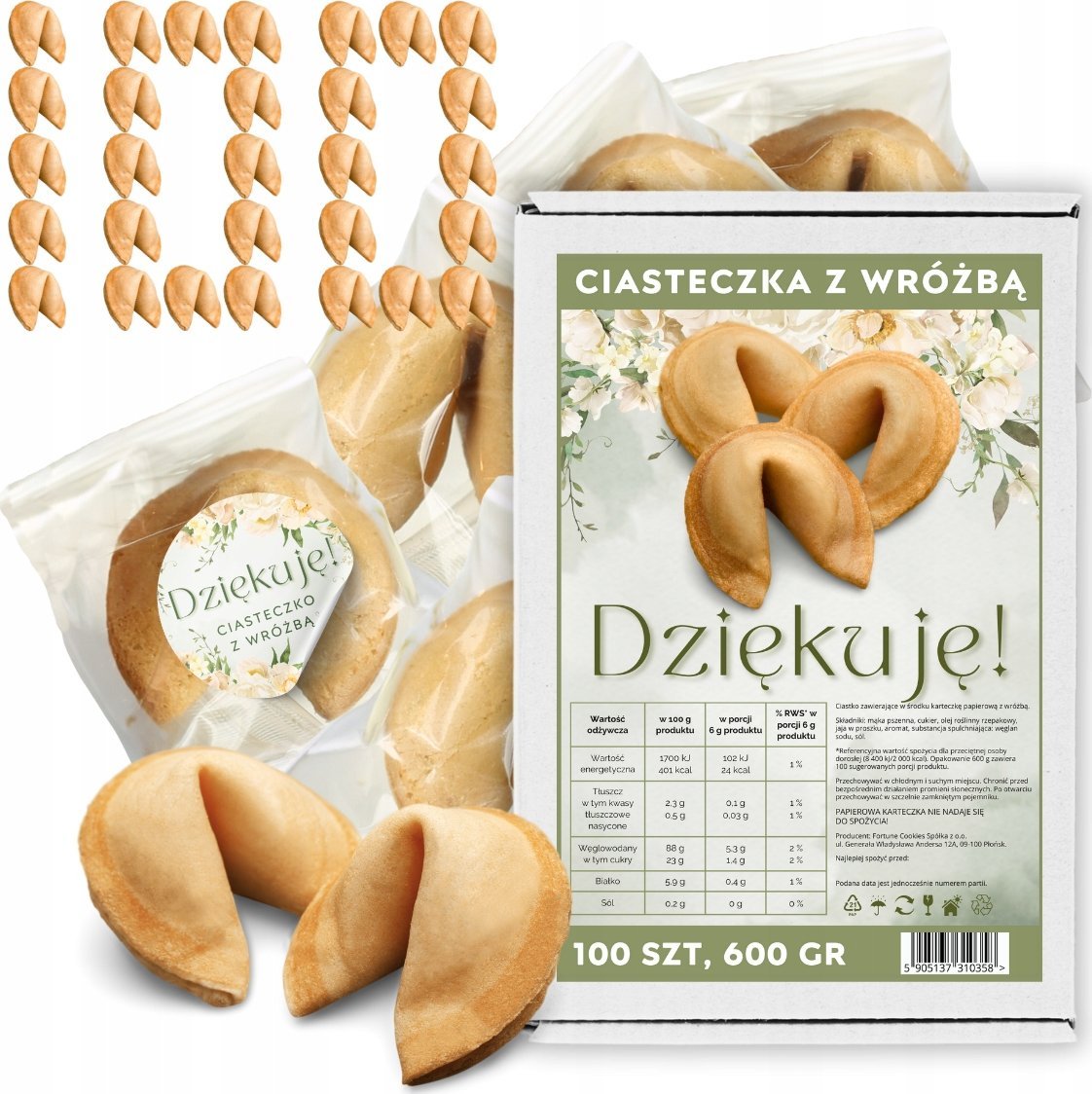 MagiaCiast Chińskie Ciasteczka z wróżbą Dziękuję dla gości Ciasteczka Szczęścia 100szt